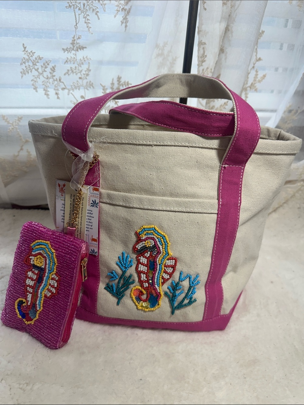 Made in India beaded seahorse mini canvas tote bag with beaded pouch